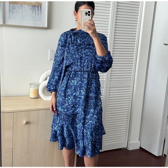 Sachin & Babi Dress Womens 2 Brielle Floral Print Tiered Tie Neck Satin Midi - Picture 2 of 16